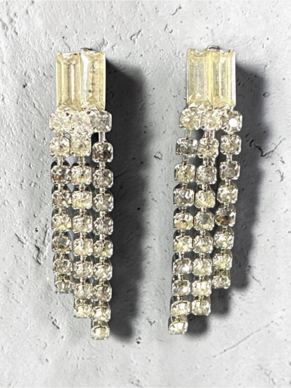 Vintage Elegant Clear & Smokey Rhinestone 3 Strand Drop Dangly Clip On Earrings